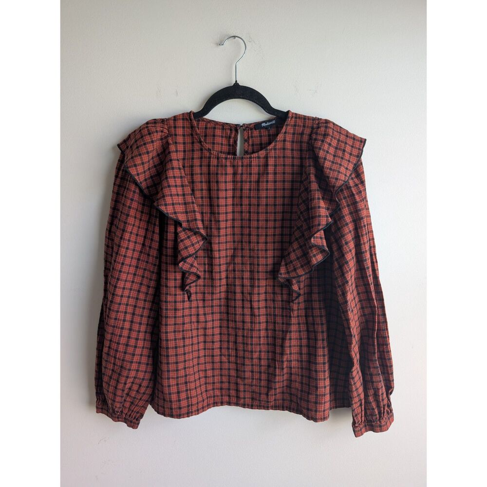 Madewell Women's Long Sleeve Rust Black Plaid Ruffle Fall Top, SMALL